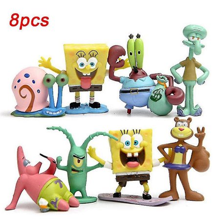SvampeBob Firkant-figursæt med 8 - Squidward, Sandy Cheeks, Patrick Star, Mr. Krabs, Plankton - Perfekte gaver til børn Fødselsdagsfest kagetopper