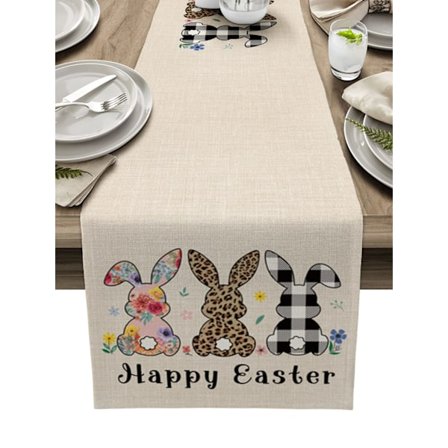 Påskhare bordslöpare byrå halsdukar söt kanin leopardtryck ränder vårblommor dekorativ löpare för påsk vår påskfest tillbehör
