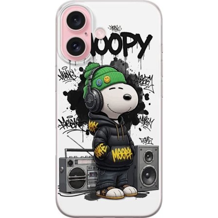 Kompatibelt Mobildeksel til Apple iPhone 16 Snoopy i gateklær med hodetelefoner, graffiti-stil og et stort smil mens han står ved siden av boomboxen i