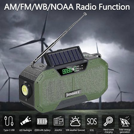 Grön Nödradiomottagare 5000mah Solcellshandvev Bärbar Am/fm/noaa SOS-radio Med Ficklampa & Läslampa Mobilladdare[HK