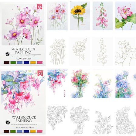 Akvarelmalersæt til begyndere - Blomsterserie med pensler, maling og papir - Kreativ kunst-arbejdsbog