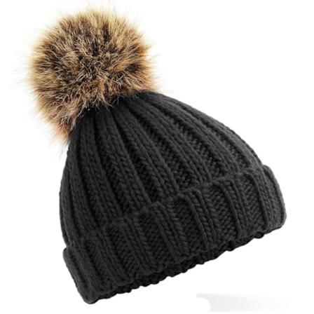 Beechfield Junior Fur Pom Pom Chunky Beanie One Size Svart Black One Size