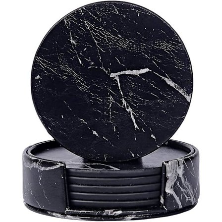 Drikkeunderlag, 6 stk Premium PU Læderunderlag med Stativ, Runde Underlagssæt - Beskyttelse af Skrivebord til Hjem og Køkkenbrug - Indflytningsgave -