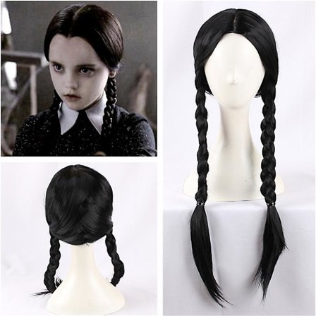 Wednesday Addams Parykk med Parykkhette Svarte Parykker til Wednesday Kostyme Lang Svart Flettet Parykk Flettede Parykker til Addams Fest