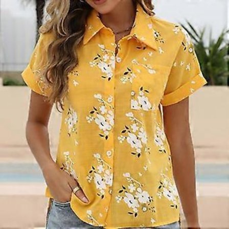 Dam Bomull Linneskjorta Nedvikt Krage Enkelknäppt Blus Vit Gul Blå Toppar Sommar Kortärmad Blommigtryckta Skjortor (M gul)