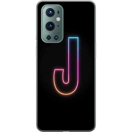 Yhteensopiva Puhelinkuori OnePlus OnePlus 9 Pro Minimaalinen neonkirjain J värien vaihtuessa valossa mustaa taustaa vasten