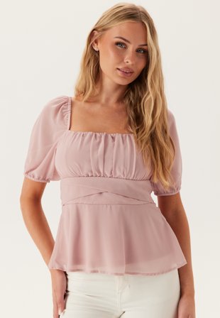 Bubbleroom - Square Neck S/S Georgette Blouse - Light pink - Kläder