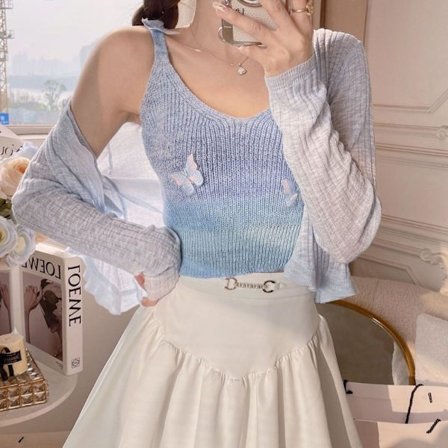 Stickad linne ärmlös smal kamisole BLÅ