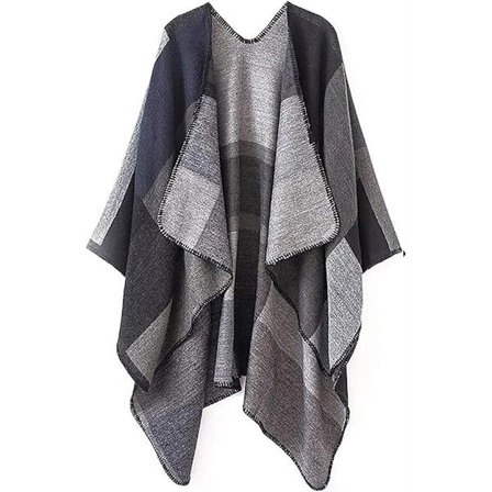 Werwing Dame Farveblok Sjal Wrap Åben Front Poncho Cape Oversized Afslappet Efterår Vinter Sweater Cardigan, Sort