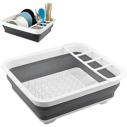 Sammenklappeligt køkkenopvaskestativ med afløbsbakke til opvask, bærbar bestikorganisator til små køkkener, camping og rejser, grå-hvid