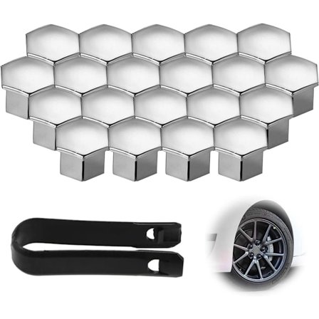 Universelle hjulboltlås (20 stk) - 17 mm - beskyttelse for sekskantmutter - med fjerner - kompatibel med alle bilmerker (sølv)