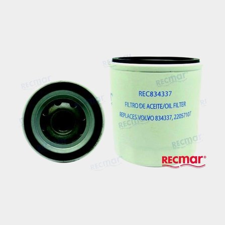 Recmar oljefilter REC834337 i vit metall för båtmotorer, ersätter Volvo Penta 834337 och 22057107 för optimal prestanda.