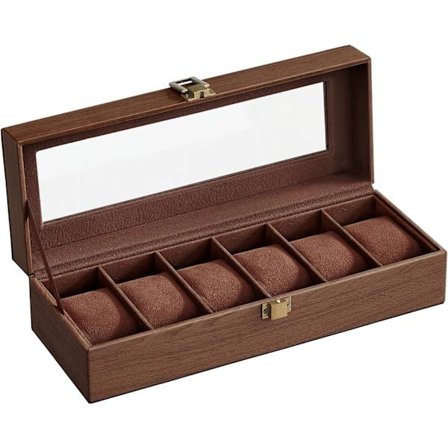 *SONGMICS Klockbox med 6 fack, klockförvaring, glaslock, avtagbara kuddar, metallås, brun beläggning och brunt foder JWB006K01