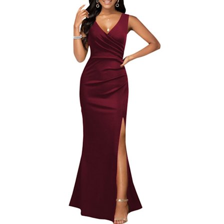 Kvinners Split Bodycon Midi Kjole Sexy Wrap V Hals Lang Ermet Fløyel Ruched Cocktail Fest A-linje Kjole Elegant Streetwear Høst(Claret 3XL)