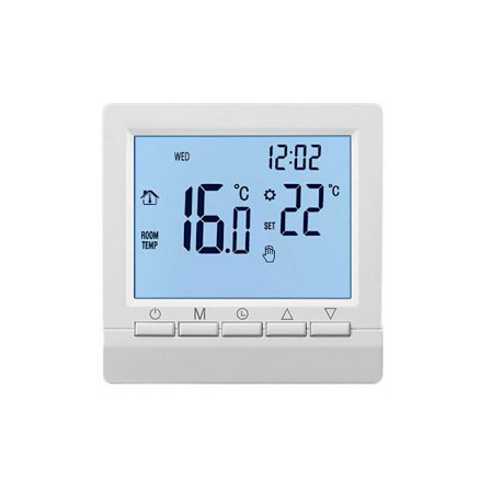 Intelligent trådlös termostat med LCD-skärm för golvvärme - blått bakgrundsljus - vitt ljus