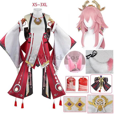 Genshin Impact Yae Miko Cosplay-asu Naisille Vaaleanpunainen Pitkä Hiukset Peruukki Genshin Cosplay-asut Yae Miko Amuletti Täydellinen Sarja