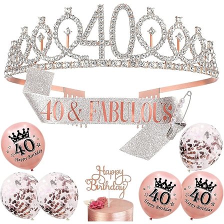 Fødselsdagspynt til piger og kvinder, 40-års fødselsdagssash og tiara med rhinsten, fødselsdagskrone, fødselsdagssash, perlenål, balloner, 
