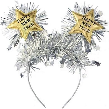 Hatt med "Happy New Year" - Tiara med stjerner og gullglitter, glitter nyttårsbånd, sølv