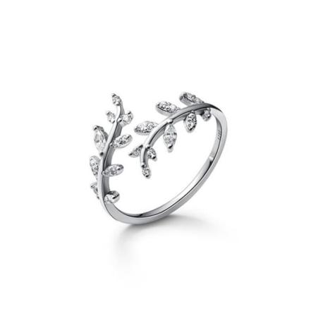 925 Sterling Sølv Søt Romantisk Zirkon Åpen Gren Liten Blad Justerbar Ring