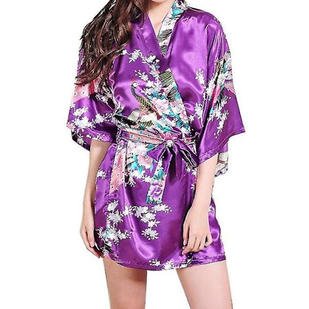 Kvinder Blomstret Silke Satin Kimono Morgenkåbe Kjole Nattøj Badekåbe Purple_qc