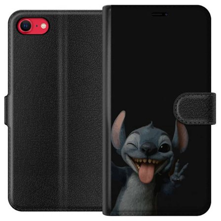 Kompatibelt Lommeboketui til Apple iPhone SE (2022) Søt blå fantasifigur med beret og croissant ved byutsikt, romantisk reiseinspirert illustrasjon