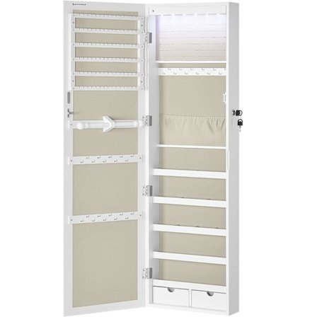 Smykkekabinet Væghængt med Spejl, Låseligt Væghængt Opbevaringsskab, Hvid og Beige