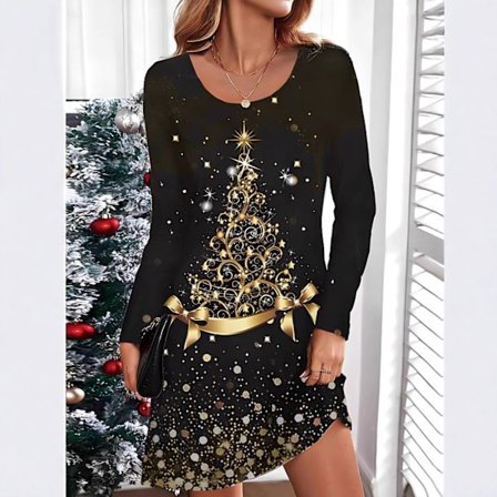 Naisten jouluasu, joulumekko, painettu pitkähihainen pyöreäkauluksinen hieman joustava mekko - Musta - Koko M