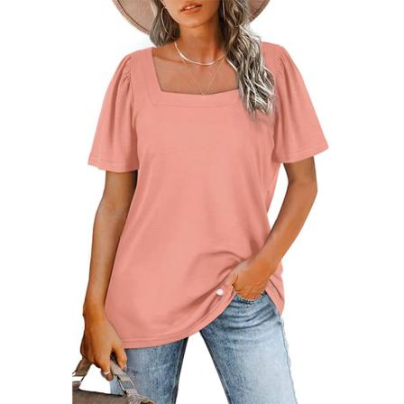 Dam Bomull T-shirt Fyrkantig Hals Plisserad Topp Dam Vandring
