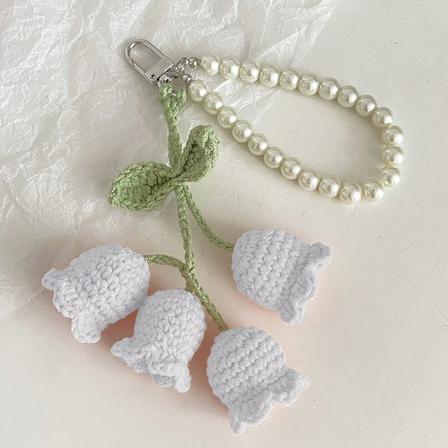 1 Stk Flower Knitted Keychain Nøkkelring Dame Heklet Ullblomst White