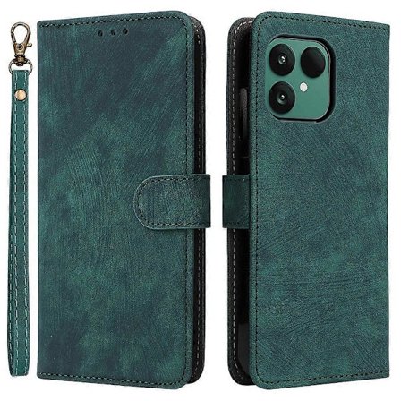 Lompakkokotelo Fairphone 6:lle RFID-suojauksella, PU-nahkainen puhelinkotelo jalustalla ja hihnalla, vihreä