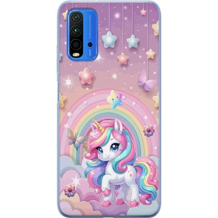 Kompatibel Mobilcover til Xiaomi Redmi Note 9 4G Magisk enhjørning med regnbue manke, stjerner og sommerfugle mod en pastelfarvet himmel med skyer