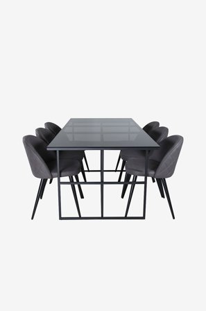 Venture Home - Spisegruppe Leif med 6 spisebordsstole Velvet Stitches - Sort - Spisebordssæt 6 personer - Fra Homeroom