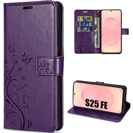 Beskyttelsesskal - BOOLING - til Samsung Galaxy S25 FE - Lædereffekt med reliefmønster af natten lilla sommerfugl