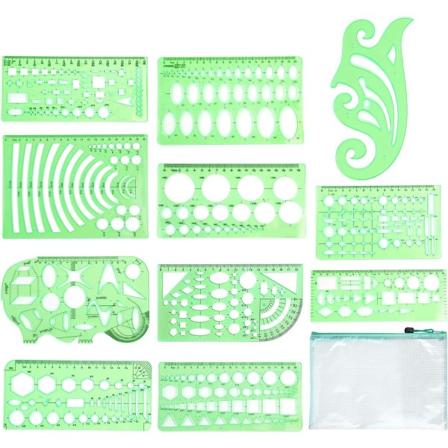 11 stk Geometriske tegningsskabeloner Målelinealer Plast måleskabeloner Plast geometriske stencils med opbevaringspose til kontor og skole
