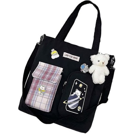 Skoletaske Æstetisk Sød Ita Tasker Crossbody Preppy Tote Taske Kawaii Rygsæk Pung Koreansk Papirvarer (sort, One Size)