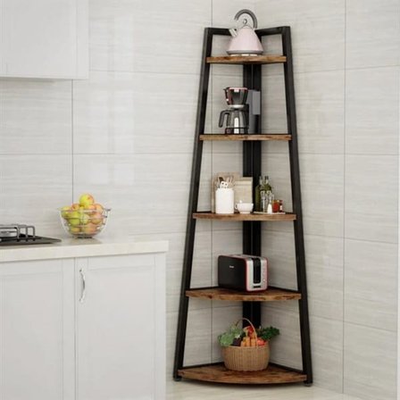 Hörnhylla med 5 hyllplan i industriell stil – Mörkbrun