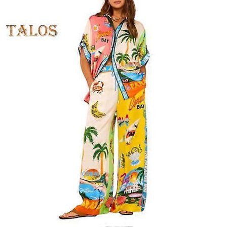 2 stk/sett dame skjorte bukse sett Hawaii feriestil fargerikt trykk enkeltspent kort ermet jakkeslag topp høy elastisk midje vide ben bukser
