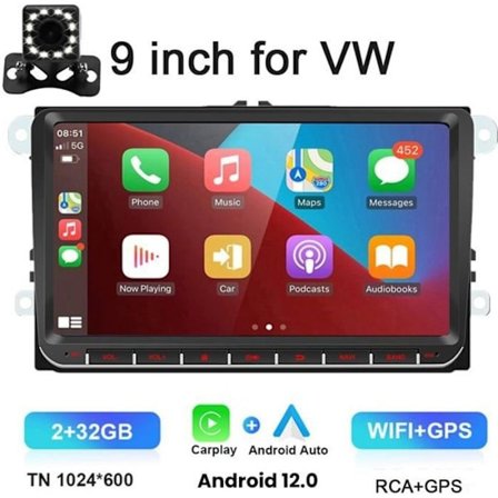 9" Android 12 Bilstereo GPS WiFi Bluetooth Carplay 2G+32G FM-radio för VW Passat 6 7 CC Polo GOLF 5 6 Touran T5 12V med kamera