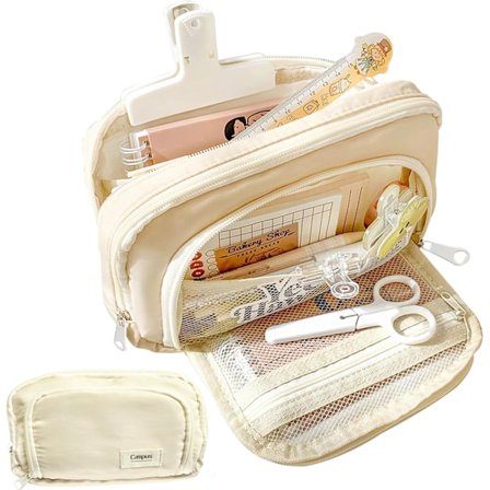 (Beige) Stor kapacitet blyantpose Stor tre-lags lynlås pen pung kontor skoleartikler til teenagere piger drenge S