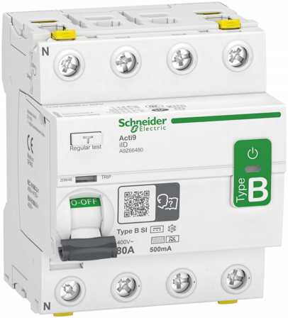 Schneider Electric Acti9 iID Jordfelsbrytare B-SI, 4-polig 80A, 500mA, Anslutningsdon & kablar