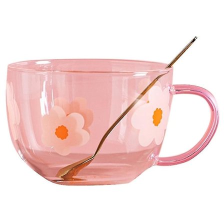 500 ml Glasmjölkmugg med blommönster, med sked Rosa