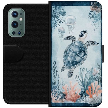 Yhteensopiva Lompakkokotelo OnePlus 9 Pro Akvarellimaalaus merikilpikonna korallien ja meduusojen joukossa rauhallisessa sinisessä vedenalaisessa maa