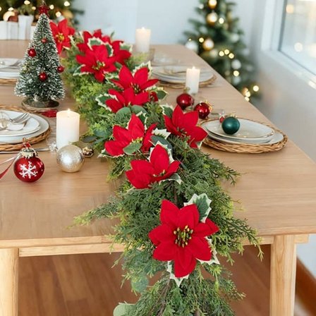 Moorle Norfolk Gran Juleguirlande 1,8 m med Julestjerne, Juledekoration til Trappe, Bord & Kaminhylde