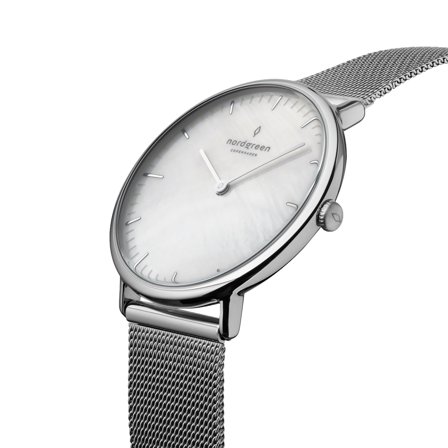 Nordgreen Scandinavian slim analog women's watch - Silver Case - Silver Dial - 28mm Silver mesh Watch Band Native White Dial