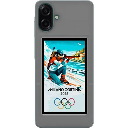 Kompatibelt Mobildeksel til Samsung Galaxy A07 4G Retroplakat Cortina Milano 2026 med fjell, vintersportsutøvere, italienske trikolor, Milano-katedral