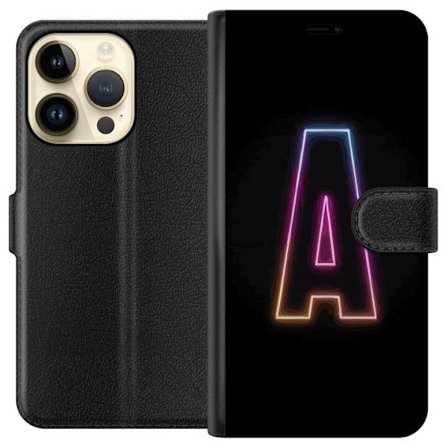 Kompatibel Tegnebogsetui til Apple Apple iPhone 15 Pro Minimalistisk neonbogstav A i regnbuefarvet lys mod sort baggrund i moderne typografisk stil