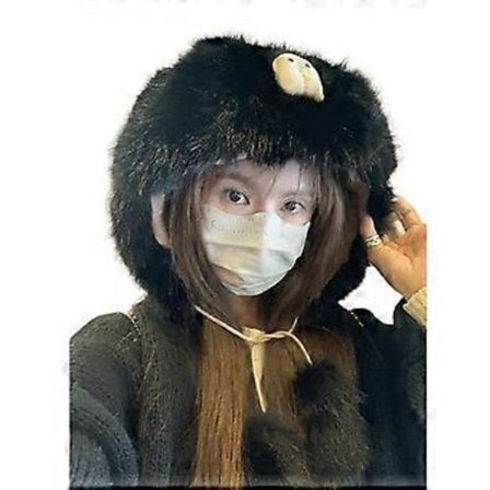 Tykt Forede Ørevarmer Hue til Pige Kvinder Plys Tegneserie Hue Koldt Vejr Trapper Hue Udendørs Vinteraktivitet Hovedbeklædning Sort (Sort)