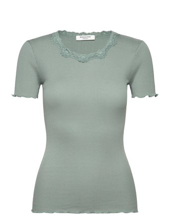 Rwbeatha Silk Ss Lace T-Shirt Green Rosemunde