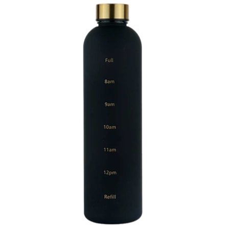 Minimalistinen motivoiva vesipullo, jossa aikamerkki 1000 ml musta