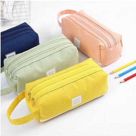 Pencilpose til drenge og piger - Stor kapacitet lærred dobbelt lag lynlås skoletaske, lysegrøn